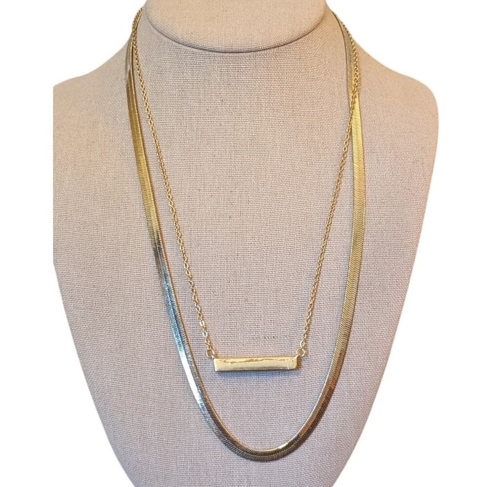 Gold Tone Double Layer Wide Herringbone & Druzy Bar Necklace